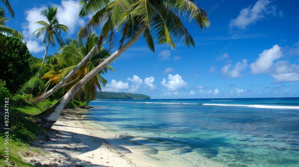 A stunning tropical beach scene featuring leaning palm trees along the shoreline, with clear blue water and a bright sunny sky, epitomizing a serene and exotic paradise. A stunning tropical beach scene featuring leaning palm trees along the shoreline, with clear blue water and a bright sunny sky, epitomizing a serene and exotic paradise.