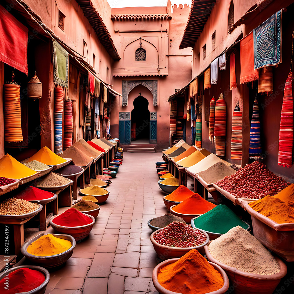 Obraz premium Gewürze Kräuter Pulver bunt angehäuft wie Kegel auf einem Markt oder Einkaufsstraße in orientalischer Altstadt, wie Marrakesch Marokko, Ägypten, rote Farben Tücher und Stoffe, Verkaufsstand Marktplatz