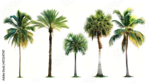 Illustration showcasing various palm tree species with their distinctive leaves and trunks, set against a simple white background to emphasize their natural beauty and structure. © Helen