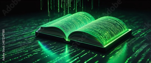 A glowing green book with digital binary code represents technology, cyber literature, and futuristic learning in a sci fi, high tech atmosphere photo