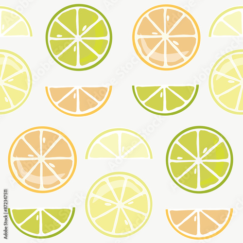 Seamless pattern with pieces and s lices of citrus fruits 