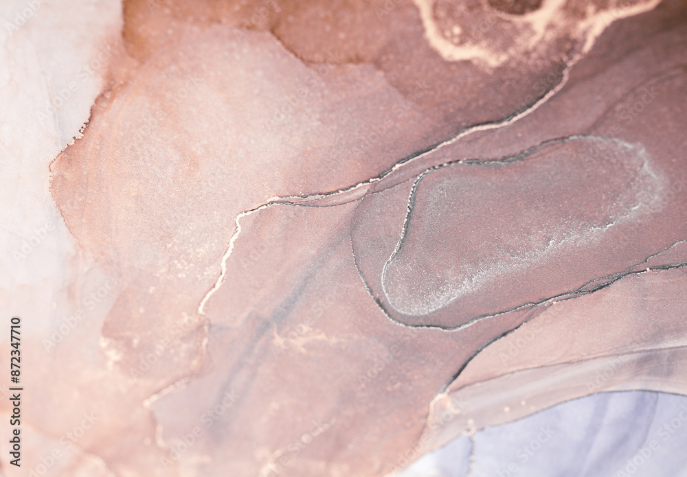 Fototapeta premium A close-up of an abstract painting created with alcohol ink. The colors are mainly shades of pink and brown, with hints of silver, creating a unique and captivating artwork