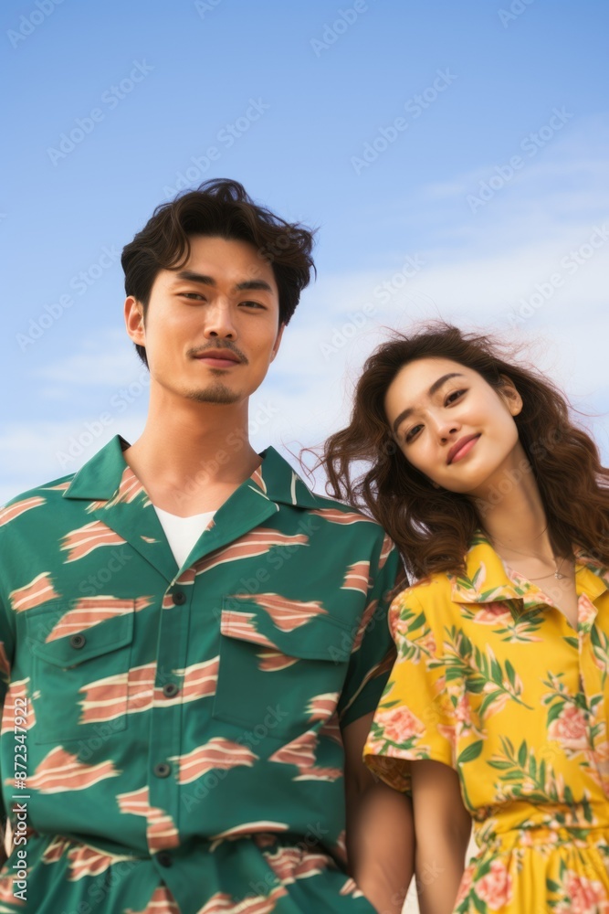 stylish, fashion, Asian couple in identical clothes on the beach. Koreans, Vietnamese, Thais, Chinese. Vacation, rest, honeymoon. Love stylish, fashion, Asian couple in identical clothes on the beach. Koreans, Vietnamese, Thais, Chinese. Vacation, rest, honeymoon. Love