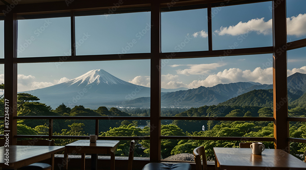 Fototapeta premium Fuji mountain view from a cozy Japanese coffee cafe Fuji shop, Japan, view,
