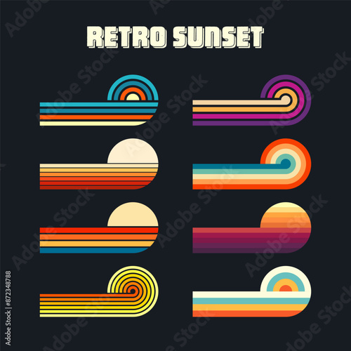 Vintage sunset collection. Various colorful striped sunrise badges in 80s and 90s style. Sun and ocean view, summer vibes, surfing. Design element for print, logo or t-shirt. Vector illustration photo