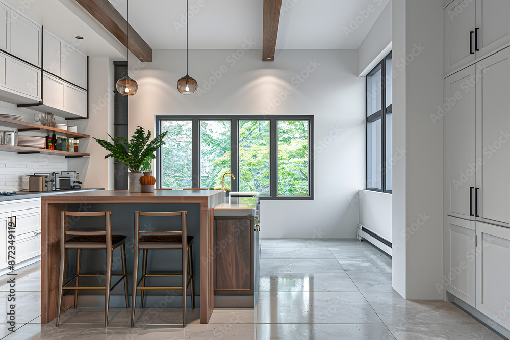 Fototapeta premium Stylish home kitchen interior with bar island and cabinet, window. Mockup wall