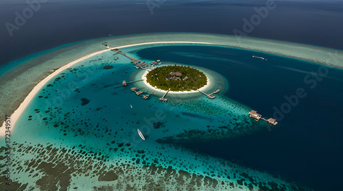 Aerial view of tropical island with water villa Baa Atoll, Maldives. photo