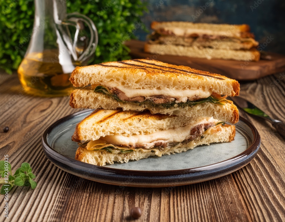food photography, artisan grilled sandwich cut in half on a plate, rustic background , generated by AI. High quality photo food photography, artisan grilled sandwich cut in half on a plate, rustic background , generated by AI. High quality photo