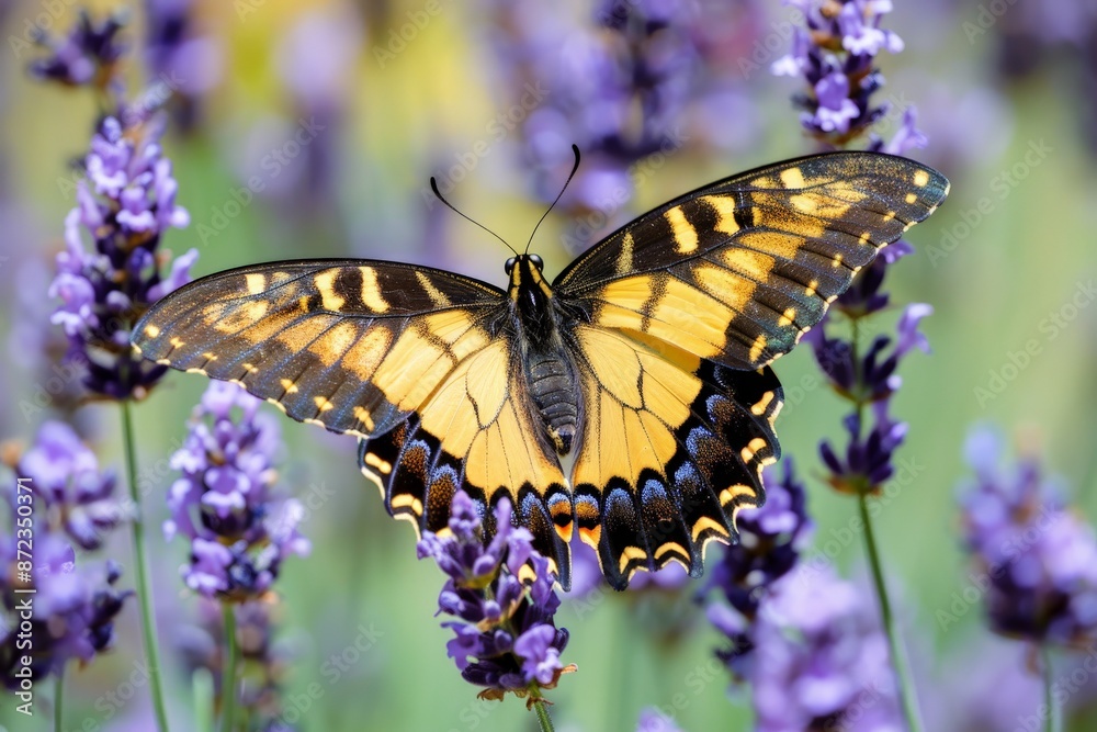 A beautifully detailed image of a yellow and black butterfly perched on lavender flowers in a sunlit field, capturing the essence of summer and the delicate charm of butterflies. A beautifully detailed image of a yellow and black butterfly perched on lavender flowers in a sunlit field, capturing the essence of summer and the delicate charm of butterflies.