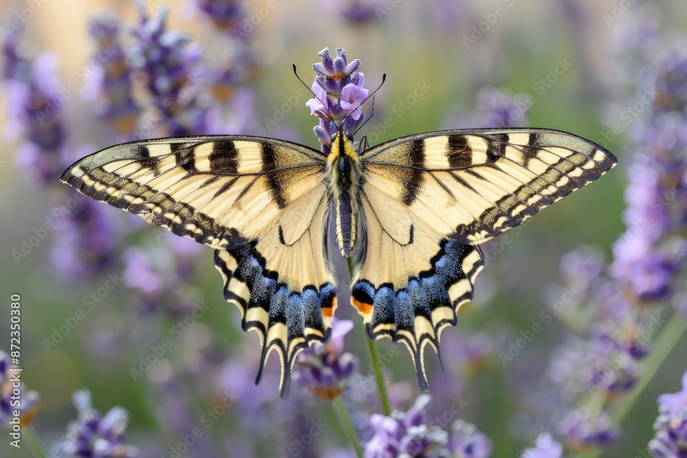 A vibrant butterfly with yellow and black wings delicately perched on purple lavender flowers, highlighting both the insect's beauty and the plant's vivid colors. A vibrant butterfly with yellow and black wings delicately perched on purple lavender flowers, highlighting both the insect's beauty and the plant's vivid colors.