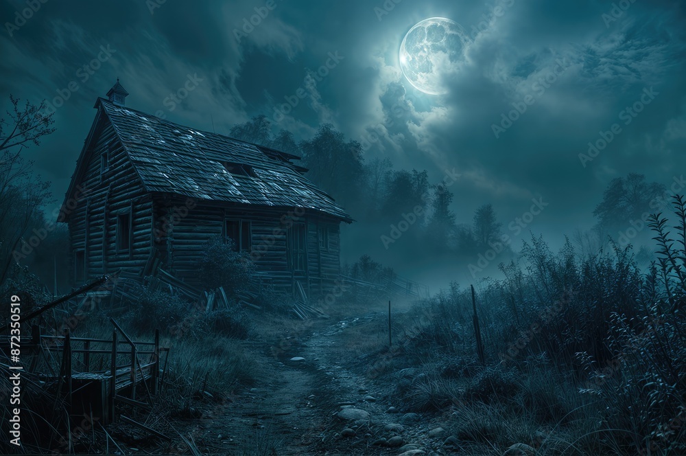 A dilapidated log cabin in the moonlight, standing alone in a dark, ghostly landscape of black midnight. A dilapidated log cabin in the moonlight, standing alone in a dark, ghostly landscape of black midnight.