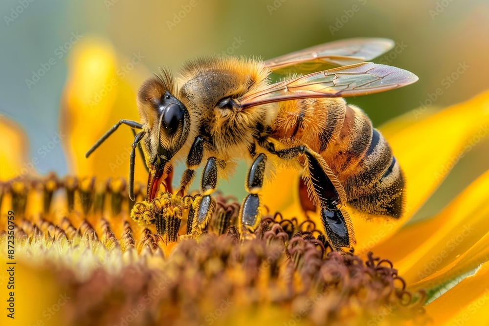 Naklejka premium A close-up image of a bee collecting pollen from a sunflower in an outdoor setting, highlighting the beauty of nature and the intricate details of the bee and flower.