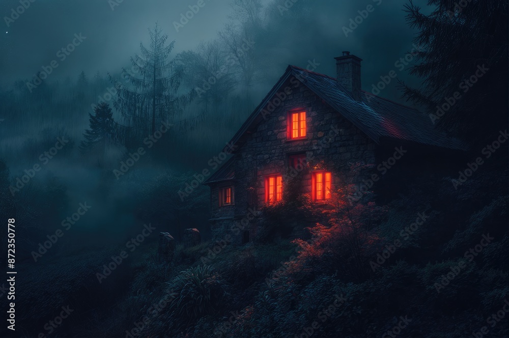 An old, creepy house with red lights glowing in the windows, dark night sky, and trees in the foreground creating a spooky atmosphere. An old, creepy house with red lights glowing in the windows, dark night sky, and trees in the foreground creating a spooky atmosphere.