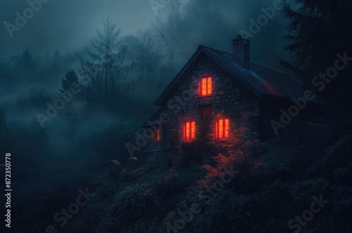 An old, creepy house with red lights glowing in the windows, dark night sky, and trees in the foreground creating a spooky atmosphere.