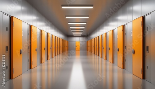 A brightly lit corridor with endless rows of orange storage unit doors on both sides, stretching into the distance. It represents organization, storage, and modern facilities. photo