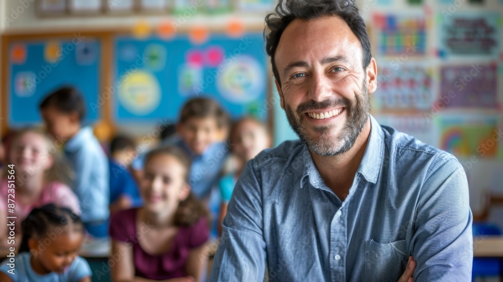 Fototapeta premium A smiling teacher stands in a classroom with joyful students behind her, creating a warm and welcoming environment that fosters positivity, learning, and strong teacher-student bonds.