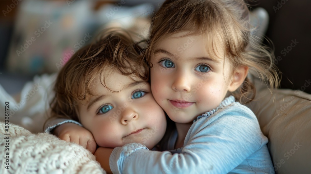 Two children with soft expressions hug each other while seated indoors, creating a tender and intimate moment, highlighting the bond and comfort they share. Two children with soft expressions hug each other while seated indoors, creating a tender and intimate moment, highlighting the bond and comfort they share.