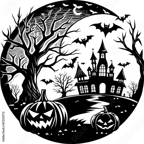 A spooky scene depicts a haunted house with a winding path, surrounded by ghostly trees and jack-o-lanterns under a moonlit sky filled with flying bats.