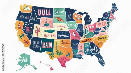 A colorful hand-drawn map of the United States featuring unique and quirky illustrations and playful reimagined state names creatively arranged through the entire country.