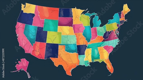 An abstract, vibrant map of the United States featuring varied colors for each state, making each state distinctly recognizable in a modern, artistic layout.