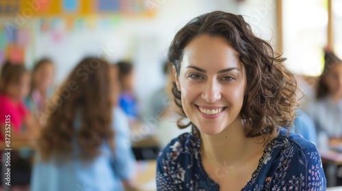 A cheerful young woman smiles warmly in a lively classroom environment. Other students can be seen in the background, creating an atmosphere of active learning and engagement.