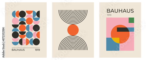 Set of trendy modern abstract geometric vector posters with circle, square line shape. Minimalistic print for wall art decoration, postcard or brochure cover design in retro style art
