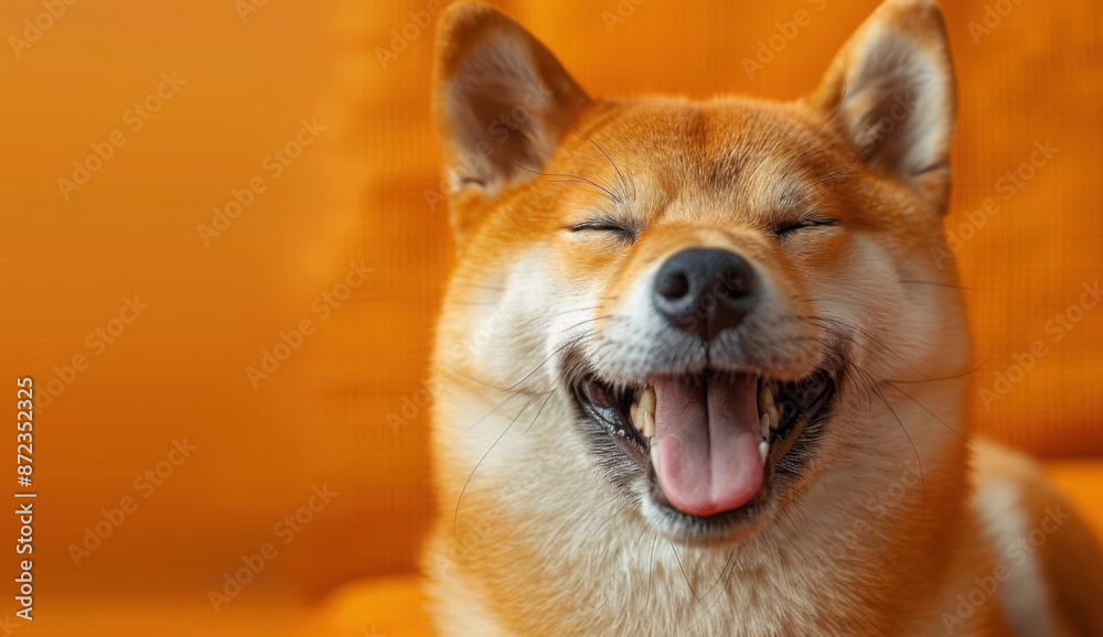 Happy smiling shiba inu dog isolated on yellow orange background with copy space. Red-haired Japanese dog smile portrait Happy smiling shiba inu dog isolated on yellow orange background with copy space. Red-haired Japanese dog smile portrait