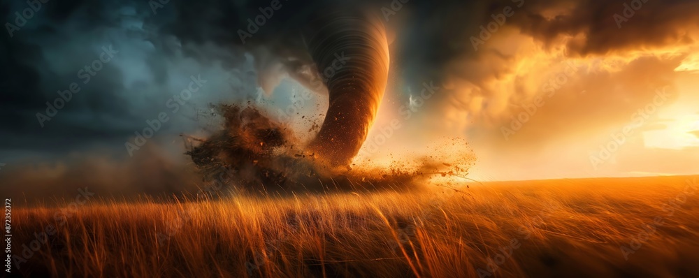 Fototapeta premium A powerful tornado spinning through a field under a dark and dramatic sky, capturing the raw power and intensity of nature's force, with swirling debris and dust.