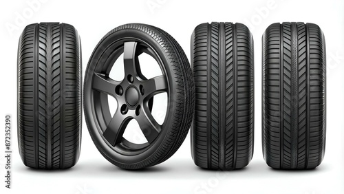 Black rubber wheel tire set. Wheel tires. Car tire tread tracks, motorcycle racing wheels and dirty tires track. Tyres road maintenance vector automobile. Auto wheel tyre. Vector illustration