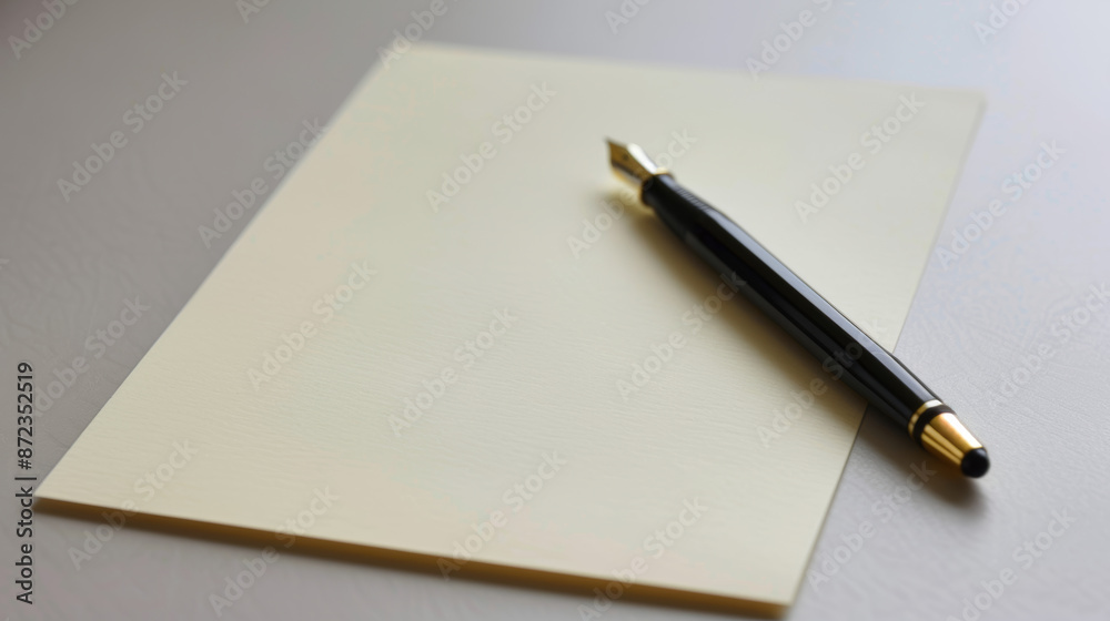 A blank piece of paper with a pen lies on a white surface, ready for writing or drawing. A blank piece of paper with a pen lies on a white surface, ready for writing or drawing.