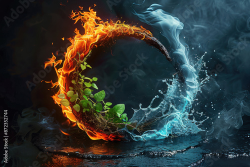 The four elements of nature in a breathtaking creative design. All four elements forming a circular shape. Earth, wind, fire, air, water. Dramatic dark background emphasizing the elements in the cente