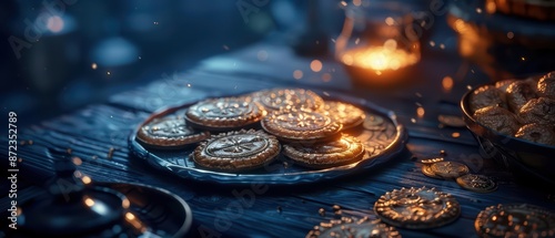 A hightech bakery offers a loyalty program where enchanted coins collected from purchases can be redeemed for mystical baked goods that glow with ethereal light and offer supernatu photo