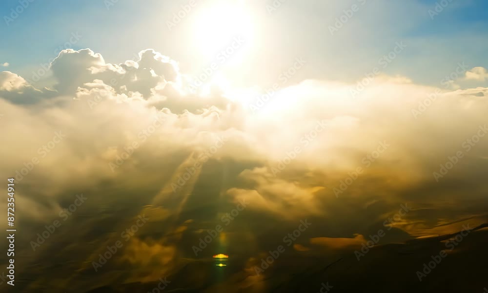 The bright sun shines through a dramatic sky filled with fluffy clouds (mov)