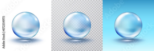 Collagen droplet isolated on transparent, blue and white  backgrounds. Realistic vector clear dew, pure drop, water bubble or glass ball template