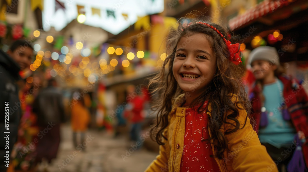 A young girl, dressed in a yellow jacket, smiles broadly as she walks through a crowded street market A young girl, dressed in a yellow jacket, smiles broadly as she walks through a crowded street market