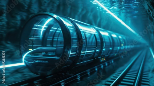 An advanced underwater transit network features mystical submarines that navigate through ethereal water tunnels photo