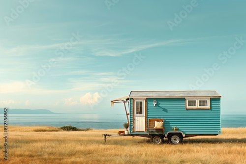 A small, quaint house on wheels is located by a golden grassy field with a serene ocean backdrop, exuding tranquility and offering a cozy escape.
