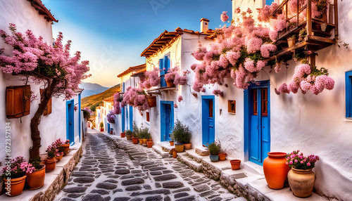 weiß blaue Häuser mit rosa Blüten in Bergdorf auf  Griechenland griechischer Insel, alte Architektur Fensterläden schönes Gässchen einsam in warmen mediterranen stimmungsvollen Licht des Morgens photo