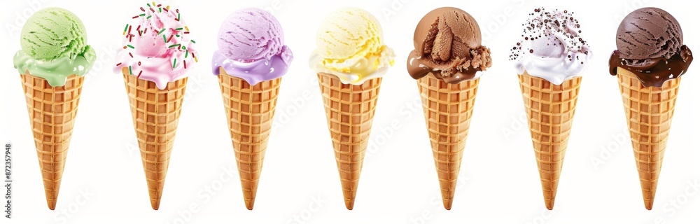 6 different ice cream cones with various flavors isolated on a white background. 6 different ice cream cones with various flavors isolated on a white background.