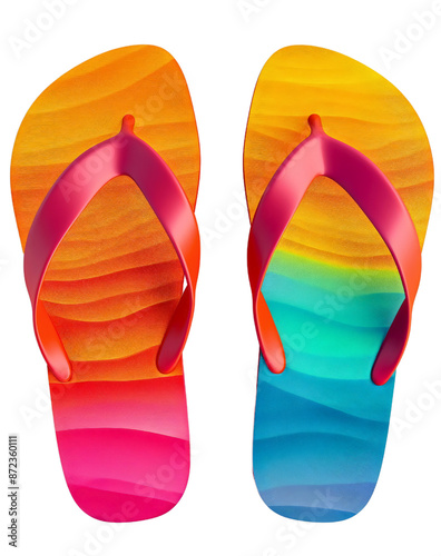 Pair of colorful flip flops isolated on transparent background. Summer vacation holiday casual rubber footwear to relax. Comfortable slipper sandals