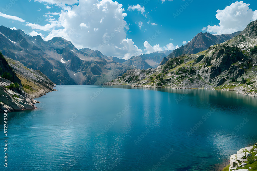 A scenic view of a pristine lake surrounded by mountains, representing the concept of environmental health and natural beauty A scenic view of a pristine lake surrounded by mountains, representing the concept of environmental health and natural beauty