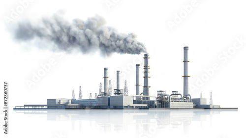 Industrial plant with multiple smokestacks emitting smoke on a white background.