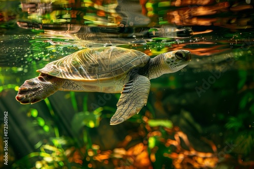 Full body view of Kemp's Ridley Turtle in under water natural habitat, full body shot, full body View photo