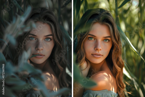 Photo of beautiful woman before and after the image editing process with retouch