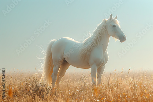 A majestic unicorn standing gracefully, with a shimmering horn and flowing mane, symbolizing purity and magic