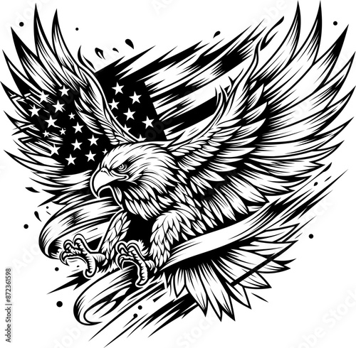 Eagle with American Flag silhouette vector art illustration, Eagle T-shirt vector, Eagle cut file, Eagle laser cut file, Eagle Cricut file, Eagle deer wood engraving file, Eagle silhouette cut file