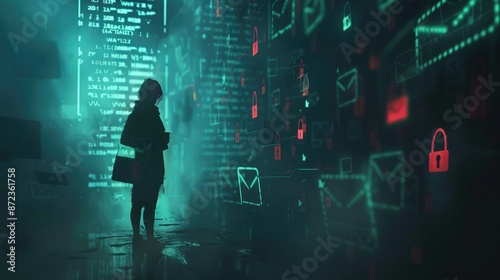 Shadowy Figure with Digital Matrix Background Symbolizing Online Scams