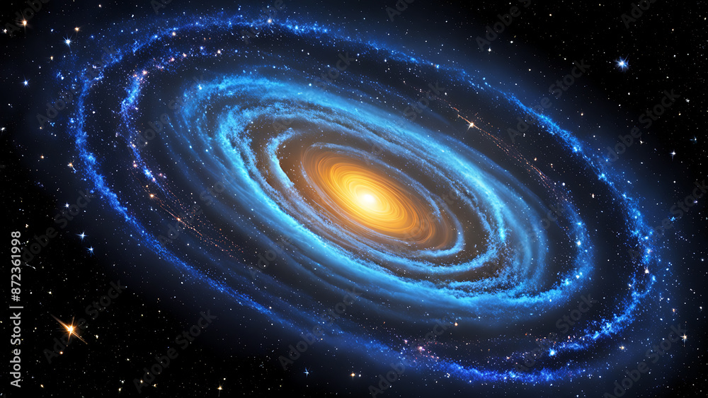 A stunning view of a swirling galaxy with a bright yellow core and blue arms. A stunning view of a swirling galaxy with a bright yellow core and blue arms.