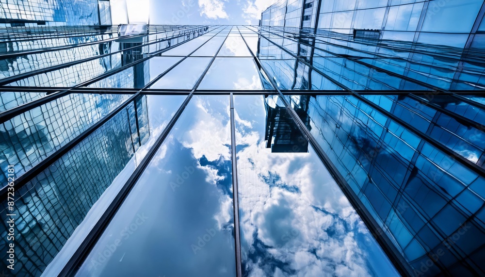 Obraz premium detailed and visually striking close-up image of a futuristic skyscraper reflected , generated by AI. High quality photo