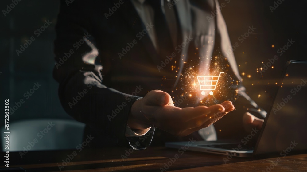 Person in a Suit Holding a Glowing Shopping Cart Icon Person in a Suit Holding a Glowing Shopping Cart Icon